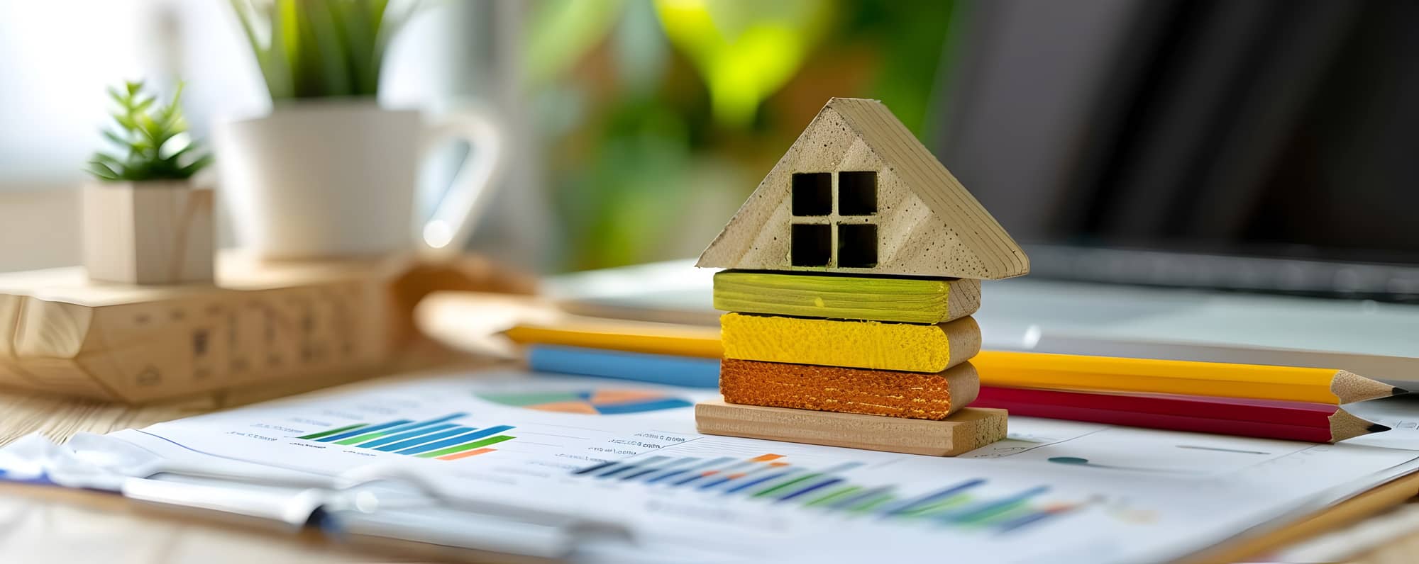 Une maison miniature en bois est posée sur des graphiques financiers, entourée de crayons de couleur et de plantes en pot, symbolisant le courtage en énergie, la gestion et l'optimisation des contrats énergétiques.